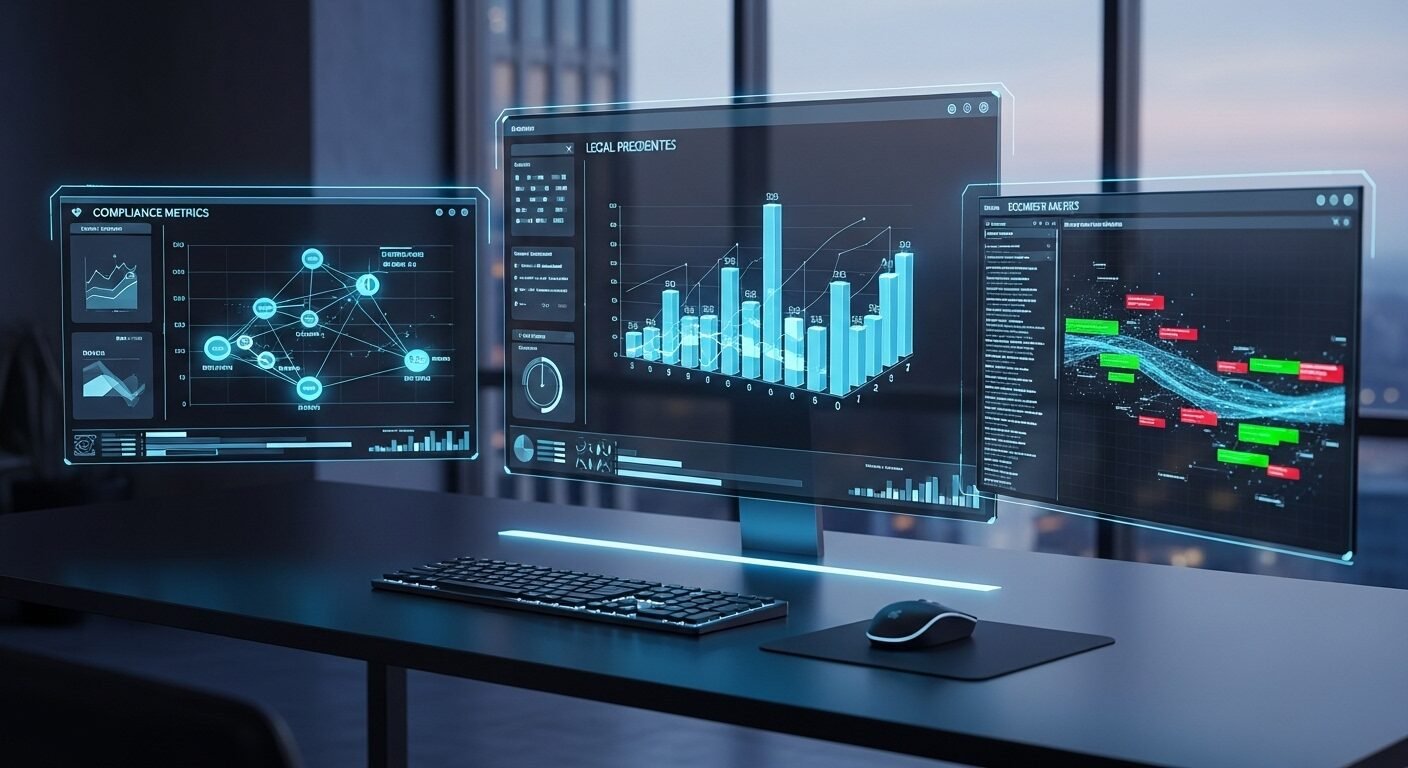 Bàn làm việc pháp chế tương lai với màn hình hologram chiếu phân tích tiền lệ, dữ liệu tuân thủ, hỗ trợ phát triển kỹ năng pháp chế hiệu quả.