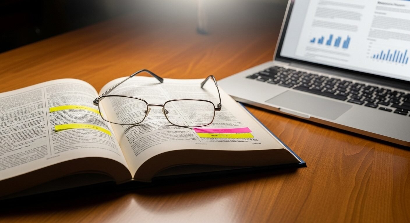 Bàn làm việc với sách giáo trình mở, laptop, và kính, giúp sinh viên tìm hiểu cách làm báo cáo thực tập hiệu quả. Bàn làm việc với sách giáo trình mở, laptop, và kính, giúp sinh viên tìm hiểu cách làm báo cáo thực tập hiệu quả.