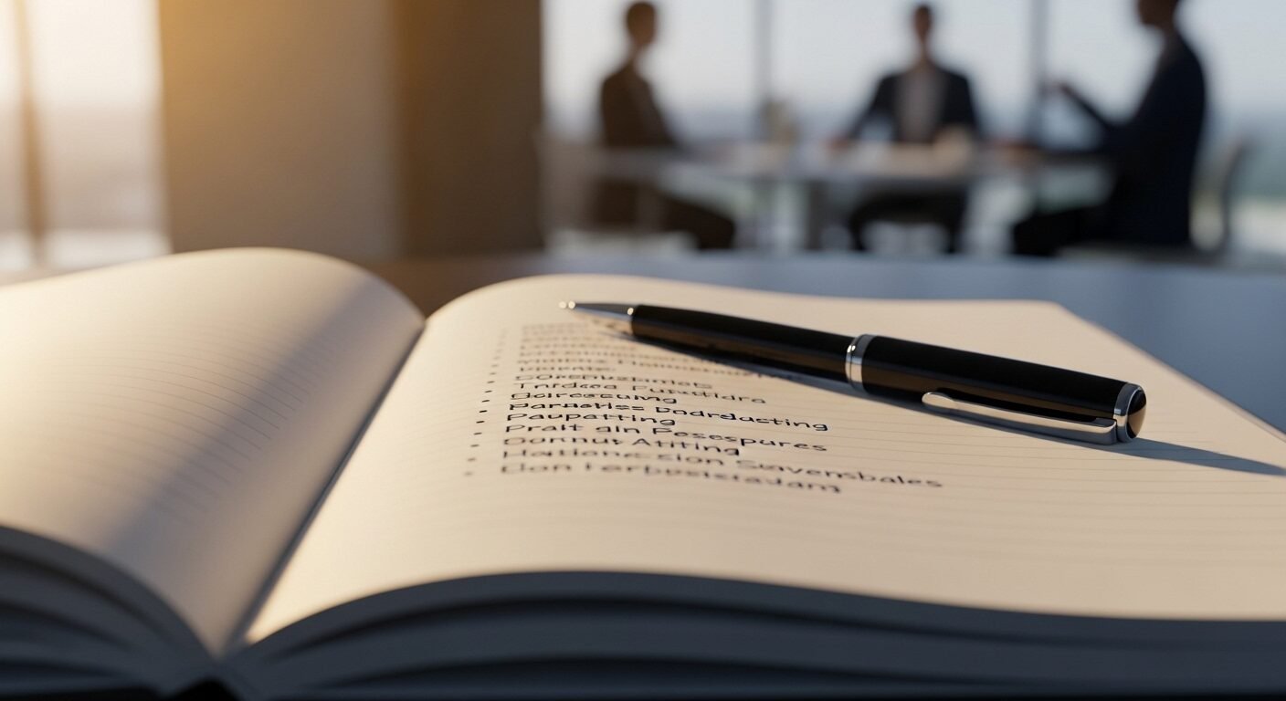 Sổ tay chuyên nghiệp mở với ghi chú và bút trong môi trường văn phòng, minh họa sự chuẩn bị kỹ lưỡng cho cách trả lời phỏng vấn xin việc. Sổ tay chuyên nghiệp mở với ghi chú và bút trong môi trường văn phòng, minh họa sự chuẩn bị kỹ lưỡng cho cách trả lời phỏng vấn xin việc.