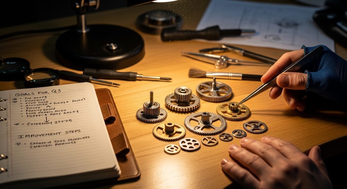 Bánh răng cơ khí được điều chỉnh tỉ mỉ bên cạnh kế hoạch cải tiến, thể hiện sự chuẩn bị chi tiết – chìa khóa để tìm hiểu cách trả lời điểm mạnh điểm yếu khi phỏng vấn hiệu quả.
