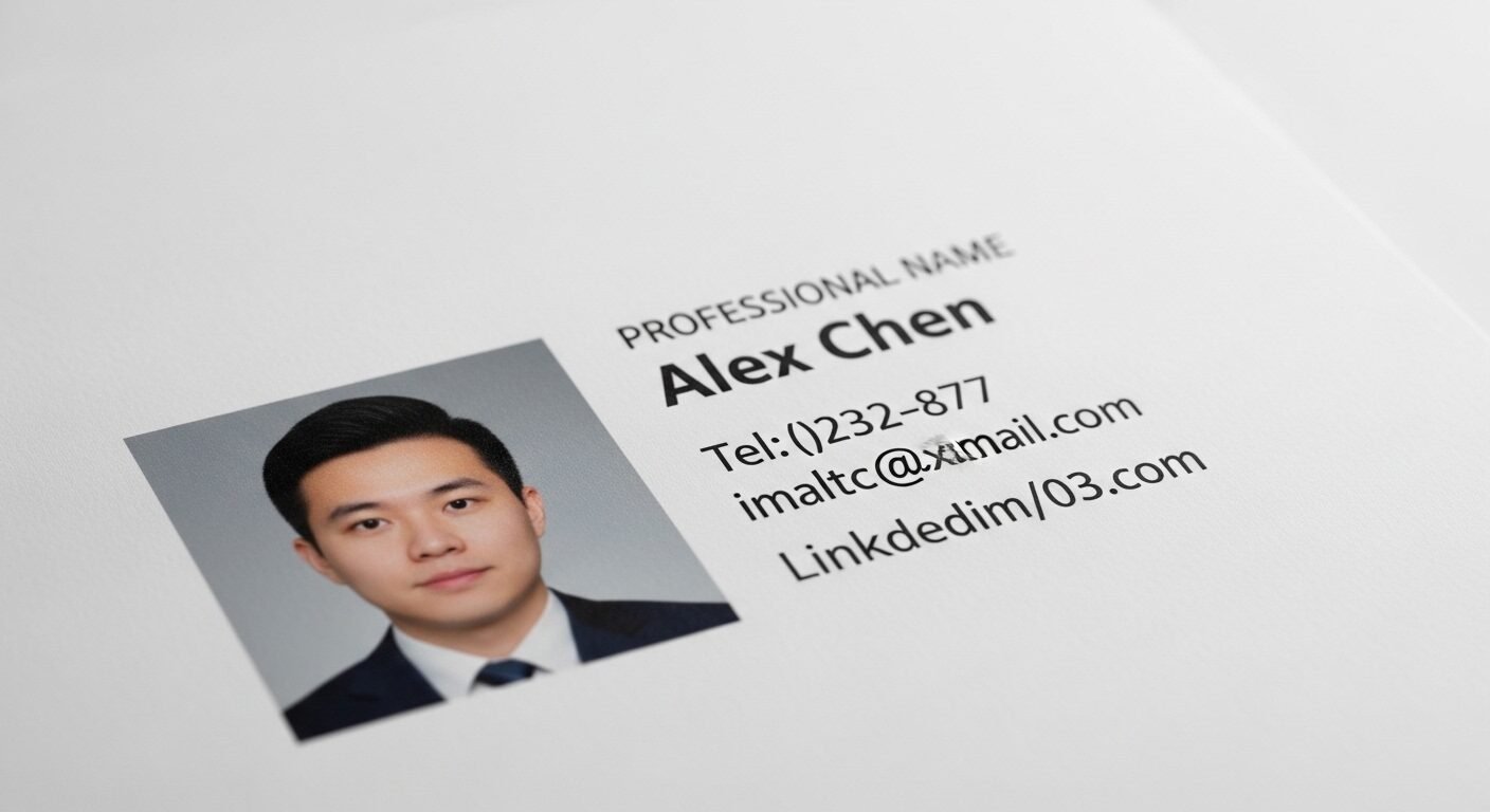 Thiết kế phần đầu chuyên nghiệp với ảnh chân dung, tên và thông tin liên hệ rõ ràng.