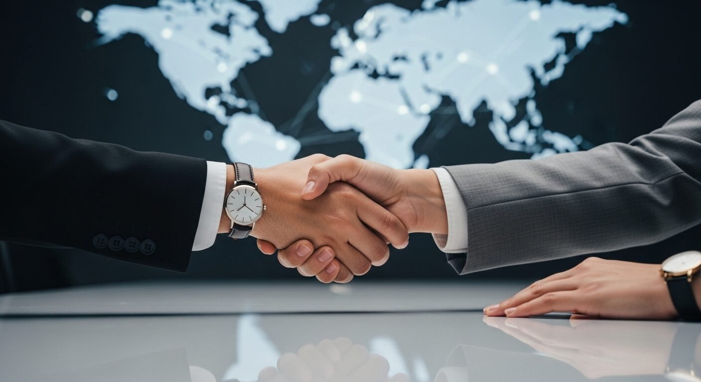 Hai bàn tay bắt chặt trên bàn họp, tượng trưng cho hợp tác thuê ngoài IT toàn cầu. Hình ảnh lý tưởng cho một công ty phần mềm tại Việt Nam mở rộng đối tác quốc tế. Hai bàn tay bắt chặt trên bàn họp, tượng trưng cho hợp tác thuê ngoài IT toàn cầu. Hình ảnh lý tưởng cho một công ty phần mềm tại Việt Nam mở rộng đối tác quốc tế.