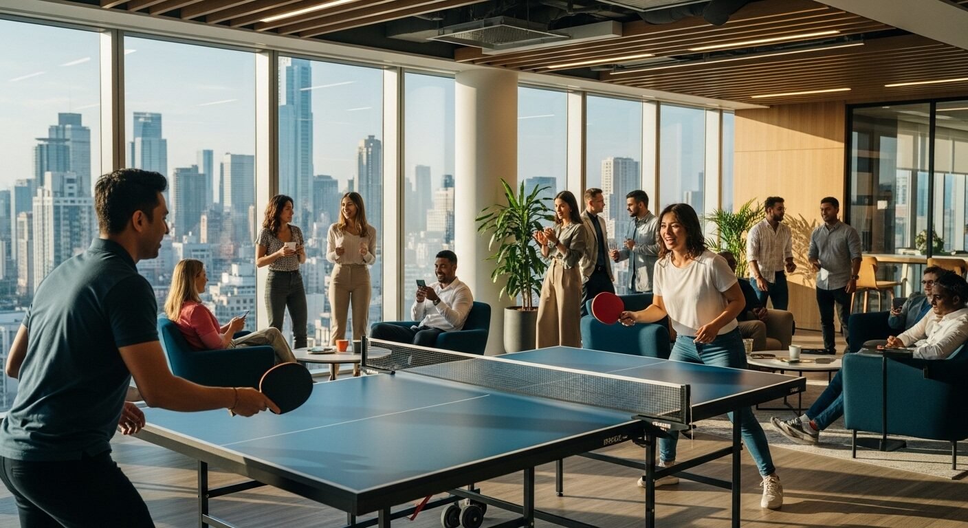 Nhân viên CO-WELL Asia năng động chơi bóng bàn trong khu vực giải trí văn phòng hiện đại, phản ánh văn hóa công ty tích cực được thể hiện trong các review CO-WELL Asia.