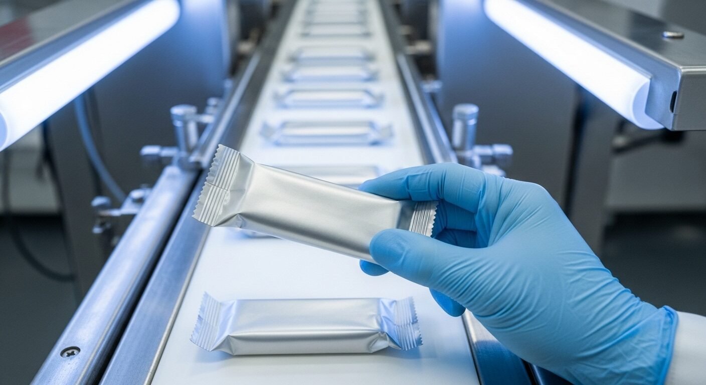 Bàn tay đeo găng kiểm tra snack trên băng chuyền trong môi trường sản xuất vô trùng, thể hiện quy trình kiểm soát chất lượng nghiêm ngặt – yếu tố quan trọng khi đọc review Phạm Nguyên Foods về độ an toàn và chất lượng. Bàn tay đeo găng kiểm tra snack trên băng chuyền trong môi trường sản xuất vô trùng, thể hiện quy trình kiểm soát chất lượng nghiêm ngặt – yếu tố quan trọng khi đọc review Phạm Nguyên Foods về độ an toàn và chất lượng.