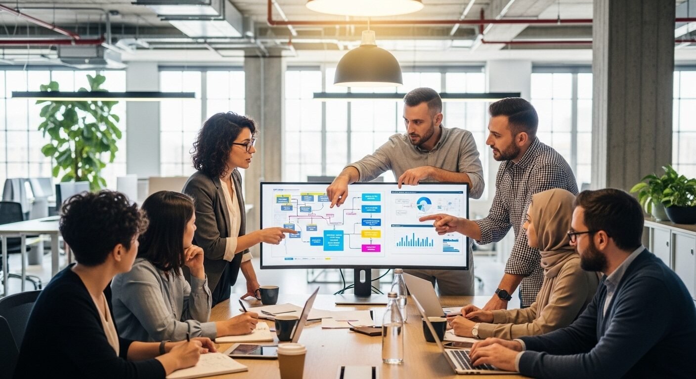 Nhóm chuyên gia đa dạng cộng tác hiệu quả trong văn phòng mở hiện đại, xem dữ liệu dự án trên màn hình lớn. Khám phá giải pháp tối ưu qua Review PosApp.