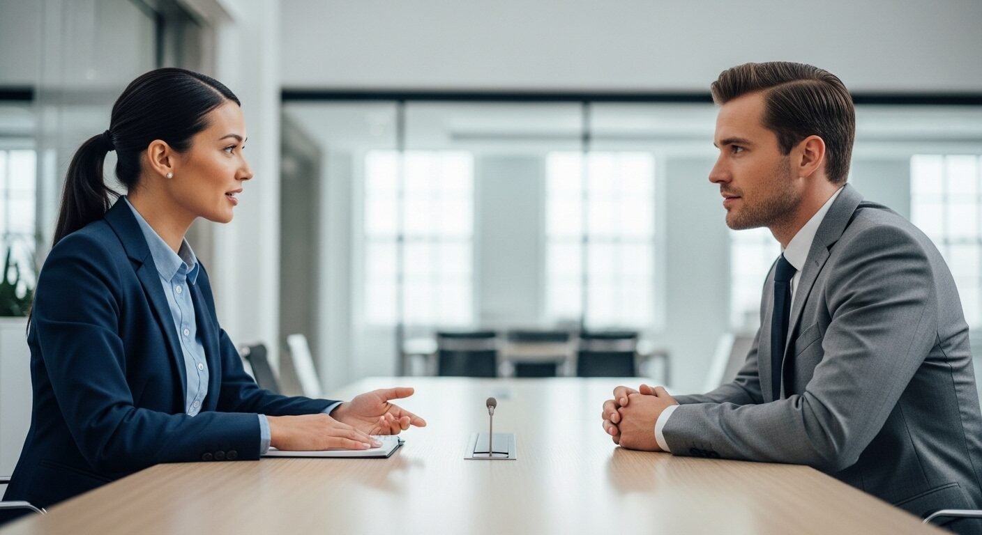 Cảnh phỏng vấn chuyên nghiệp trong văn phòng, ứng viên và nhà tuyển dụng trò chuyện. Minh họa quy trình theo mẫu kế hoạch tuyển dụng hiệu quả.