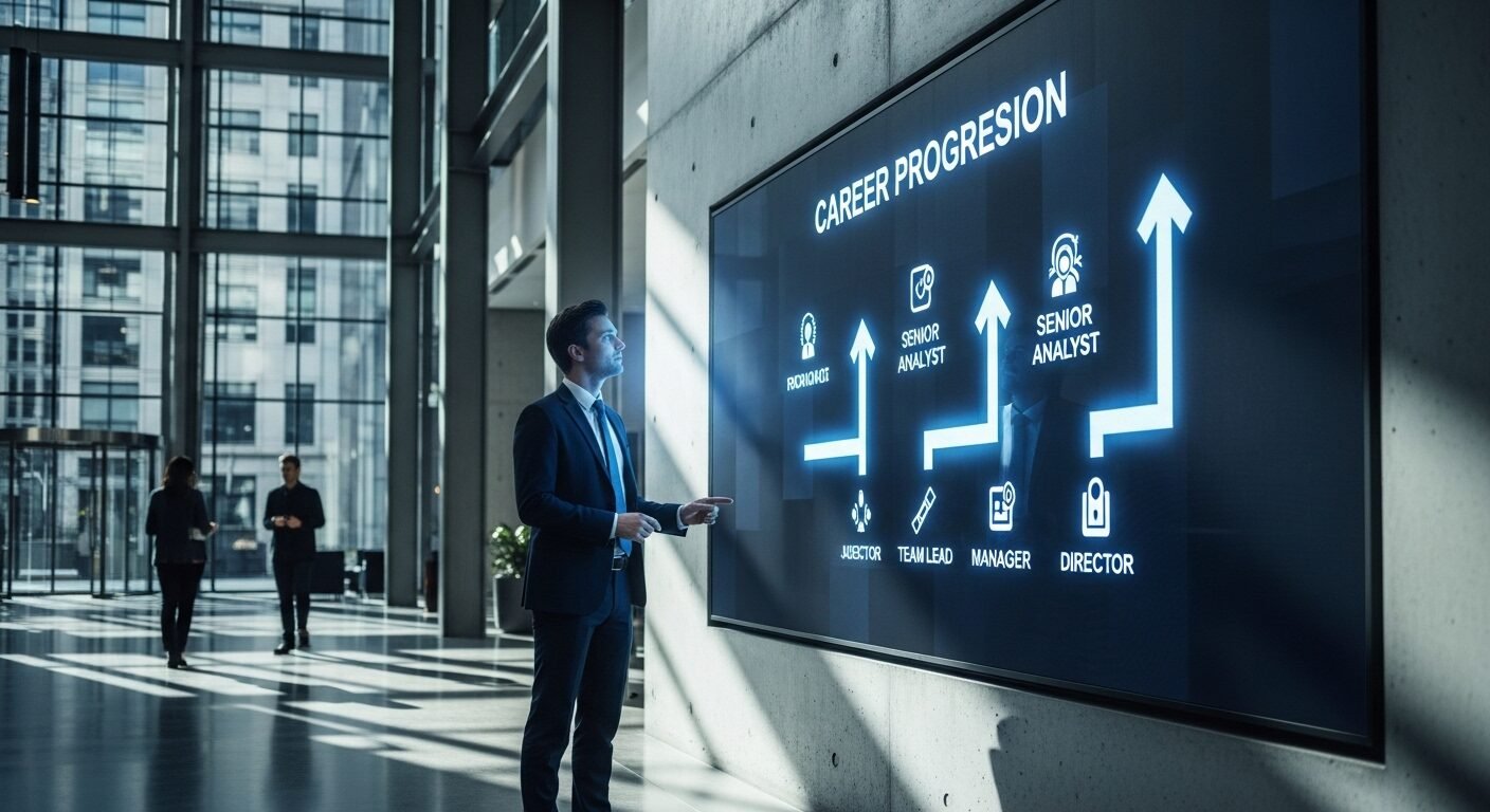 Nhân viên chuyên nghiệp xem lộ trình thăng tiến sự nghiệp trên màn hình lớn tại sảnh công ty hiện đại, gợi mở việc tìm hiểu review công ty F88 để đánh giá cơ hội phát triển. Nhân viên chuyên nghiệp xem lộ trình thăng tiến sự nghiệp trên màn hình lớn tại sảnh công ty hiện đại, gợi mở việc tìm hiểu review công ty F88 để đánh giá cơ hội phát triển.