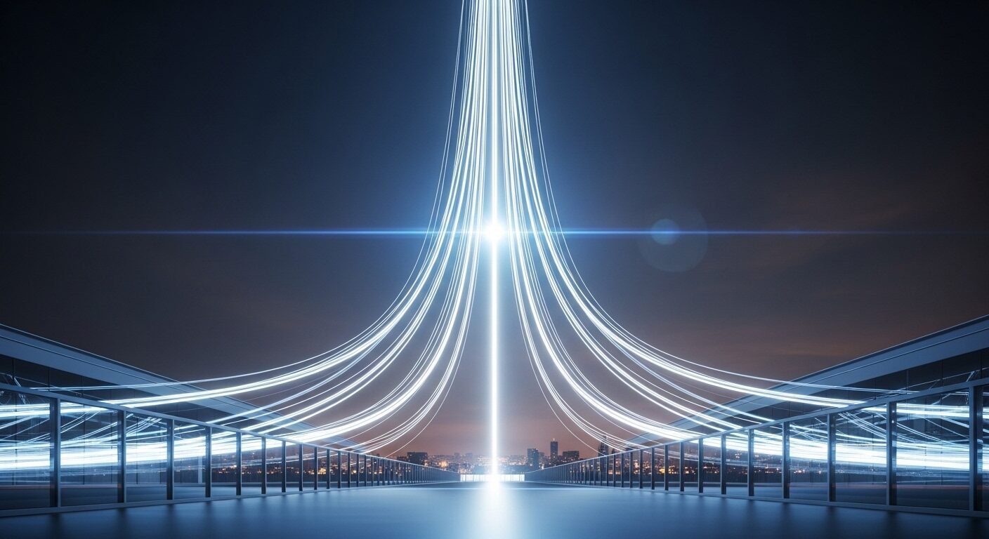 Hình ảnh động thể hiện tầm nhìn tương lai với ánh sáng và đường nét kỹ thuật số hội tụ, cùng kiến trúc hiện đại, hữu ích khi xem review công ty RevoTech.