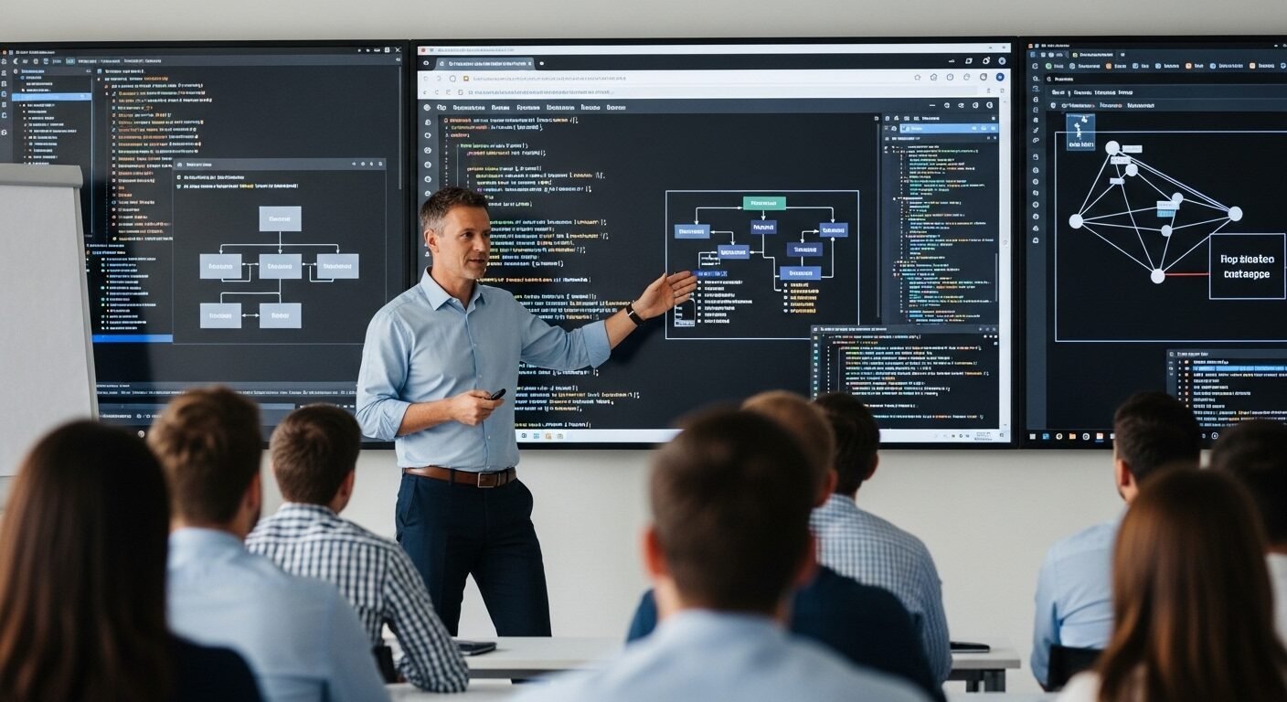 Buổi đào tạo công nghệ chuyên nghiệp với người thuyết trình và màn hình lớn, học viên theo dõi. Phản ánh môi trường làm việc chất lượng được khen ngợi trong các review Công ty Công nghệ Vũ Thảo. Buổi đào tạo công nghệ chuyên nghiệp với người thuyết trình và màn hình lớn, học viên theo dõi. Phản ánh môi trường làm việc chất lượng được khen ngợi trong các review Công ty Công nghệ Vũ Thảo.