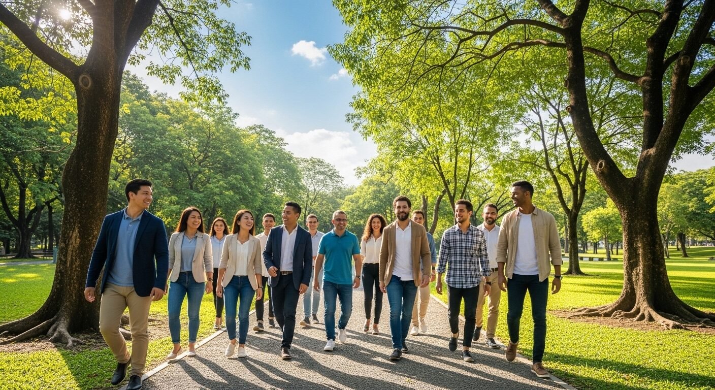 Nhân viên VMO Holdings vui vẻ gắn kết trong sự kiện team-building ngoài trời tại công viên xanh mát, thể hiện văn hóa tích cực của công ty. Hình ảnh minh họa cho các đánh giá trong Review Công ty VMO Holdings.