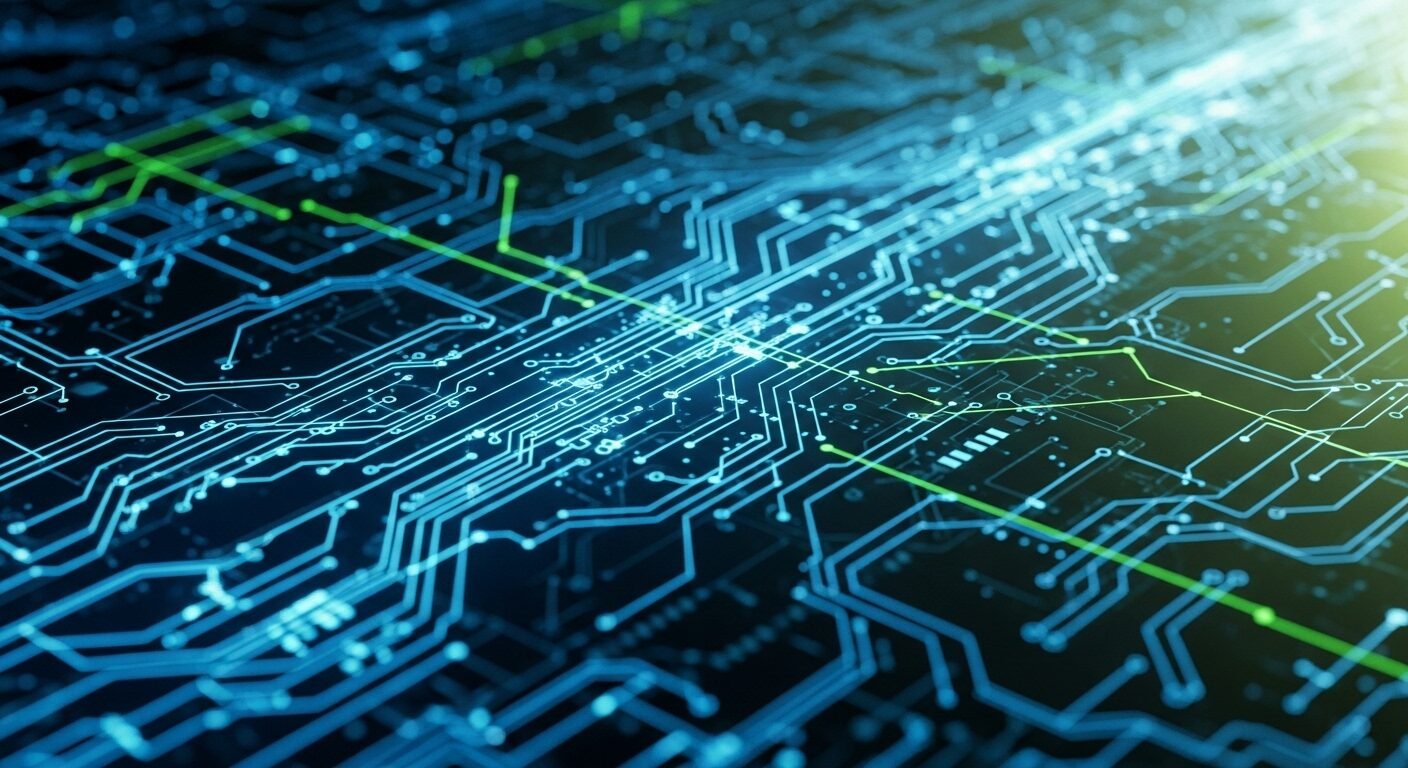Cận cảnh mạch kỹ thuật số phát sáng xanh, biểu tượng AI và kết nối tiên tiến, minh họa cho công nghệ được đánh giá cao trong các review VTI Group. Cận cảnh mạch kỹ thuật số phát sáng xanh, biểu tượng AI và kết nối tiên tiến, minh họa cho công nghệ được đánh giá cao trong các review VTI Group.