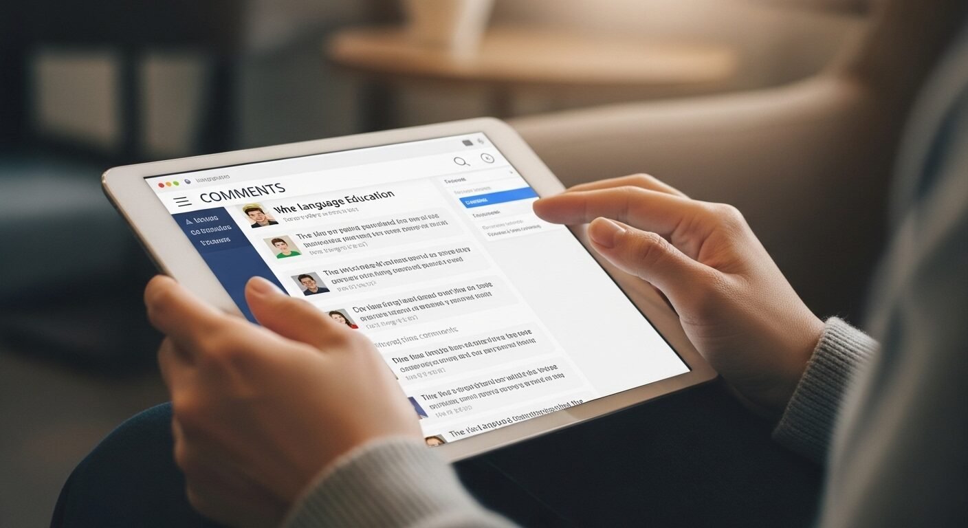 Bàn tay trên máy tính bảng hiển thị diễn đàn học ngôn ngữ trực tuyến đầy tương tác, nơi người dùng chia sẻ mẹo và thảo luận về các chủ đề như cách làm vlog học ngôn ngữ.