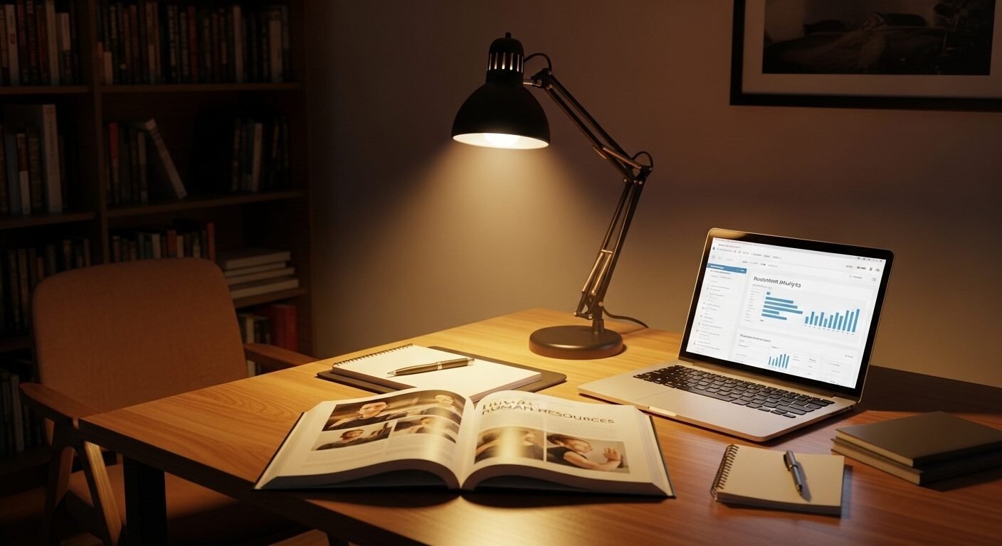 Không gian học tập ấm cúng, có laptop hiển thị bảng phân tích tuyển dụng giúp đánh giá CV ứng viên hiệu quả, cùng sách nhân sự và ghi chú.