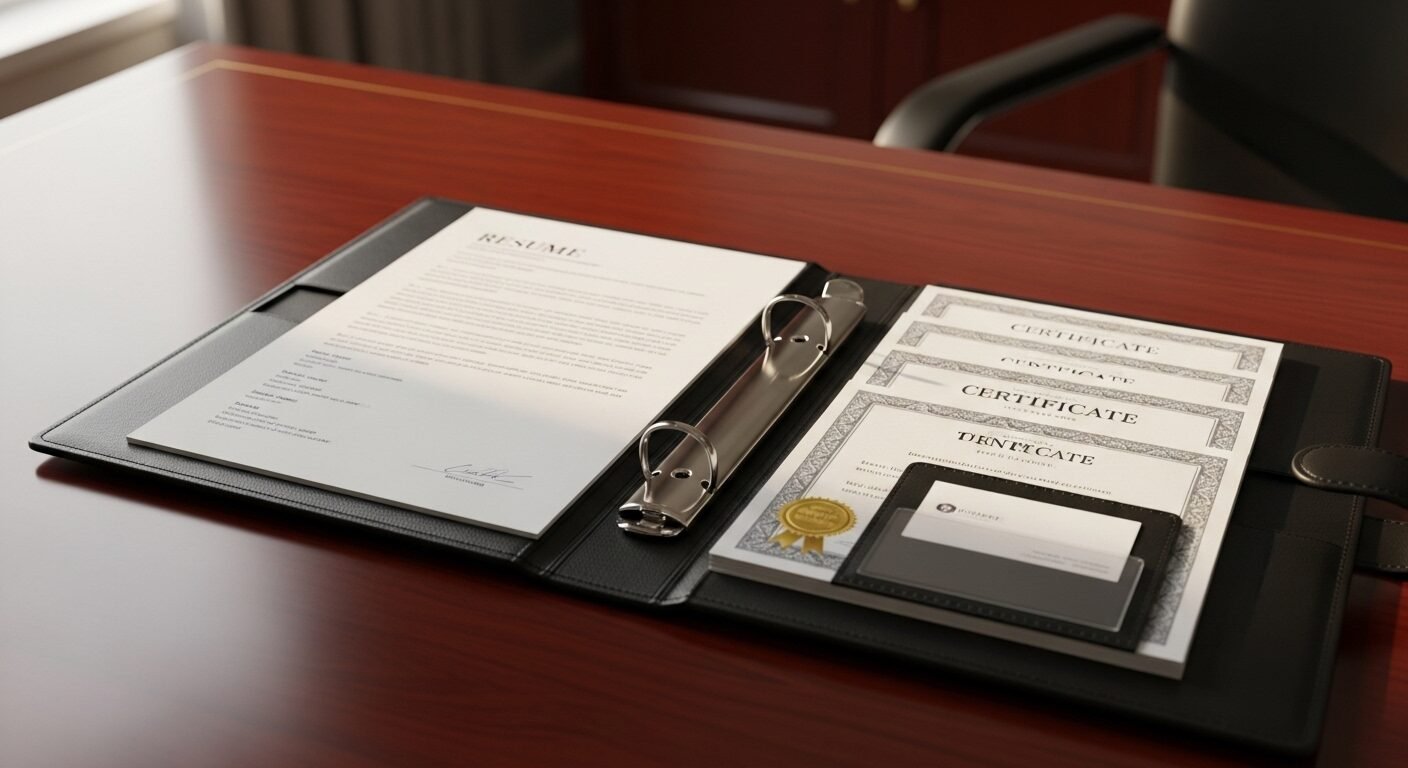 Hồ sơ xin việc chuyên nghiệp với CV và chứng chỉ, thể hiện sự chuẩn bị kỹ lưỡng để giới thiệu bản thân khi phỏng vấn một cách ấn tượng. Hồ sơ xin việc chuyên nghiệp với CV và chứng chỉ, thể hiện sự chuẩn bị kỹ lưỡng để giới thiệu bản thân khi phỏng vấn một cách ấn tượng.