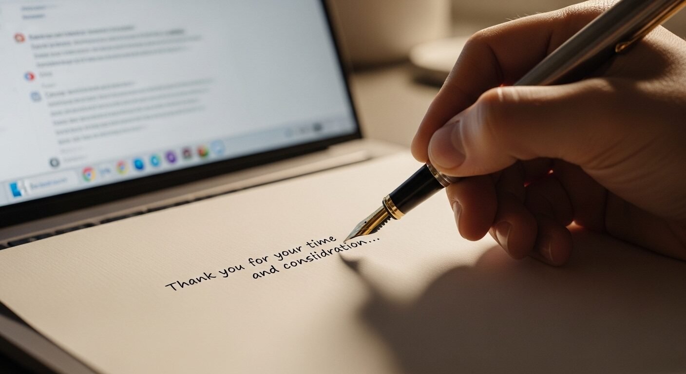 Bàn tay cẩn thận viết thư cảm ơn chuyên nghiệp trên giấy cao cấp, nhấn mạnh sự chỉn chu sau khi ứng viên đã nắm vững cách trả lời phỏng vấn tiếng Anh hiệu quả. Bàn tay cẩn thận viết thư cảm ơn chuyên nghiệp trên giấy cao cấp, nhấn mạnh sự chỉn chu sau khi ứng viên đã nắm vững cách trả lời phỏng vấn tiếng Anh hiệu quả.