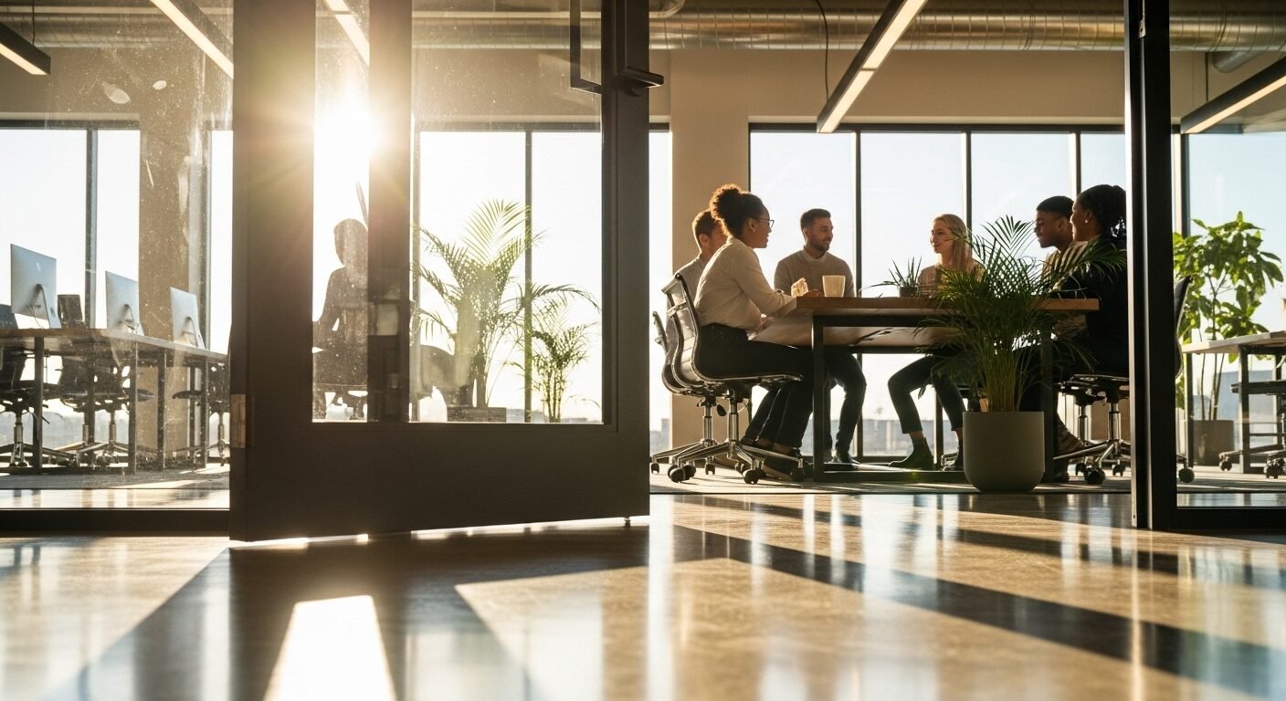 Cửa kính văn phòng hiện đại hé mở, ánh nắng chiếu rọi không gian làm việc sáng bừng, tích cực. Một viễn cảnh thành công, không còn lo lắng về dấu hiệu rớt phỏng vấn.