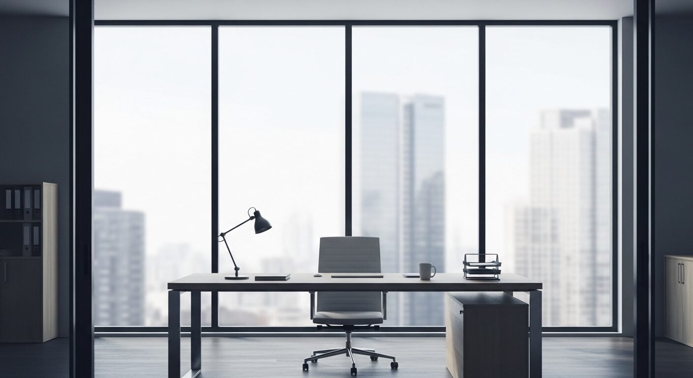 Văn phòng hiện đại với bàn làm việc trống và không gian tĩnh lặng, gợi cảm giác chờ đợi khi nhà tuyển dụng không thông báo kết quả phỏng vấn.