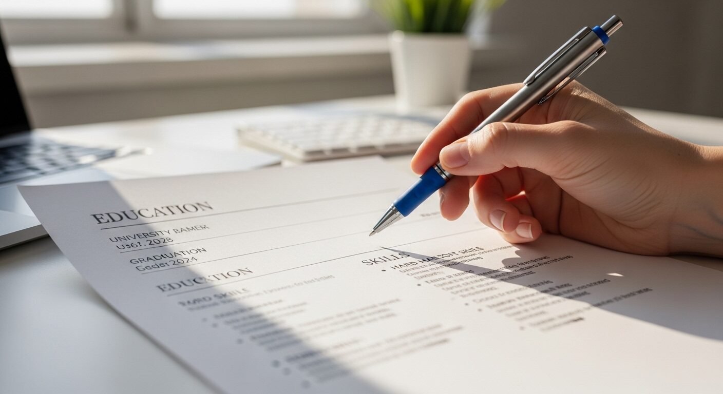 Cận cảnh sơ yếu lý lịch chuyên nghiệp, một tay cầm bút xem xét kỹ phần học vấn và kỹ năng. Hình ảnh gợi nhắc việc chuẩn bị kỹ lưỡng để tự tin trả lời phỏng vấn khi chưa có kinh nghiệm.