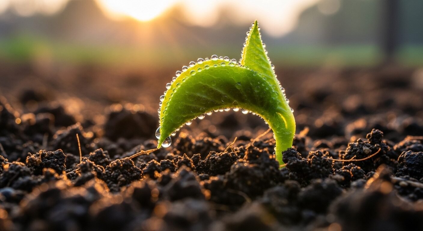 Mầm xanh mơn mởn đâm chồi qua đất màu mỡ, giọt sương lấp lánh dưới nắng sớm. Hình ảnh truyền cảm hứng về tiềm năng khởi đầu vững chắc, đặc biệt cho ai xin việc khi chưa có kinh nghiệm.