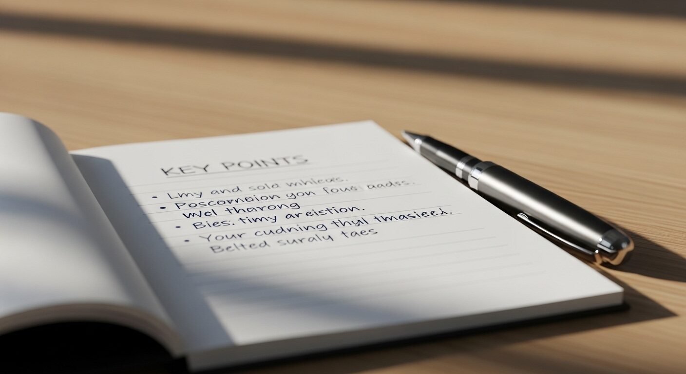 Sổ tay ghi chép những mẹo quan trọng về Cách trả lời phỏng vấn khi chưa có kinh nghiệm, đặt gọn gàng trên bàn gỗ cùng bút.