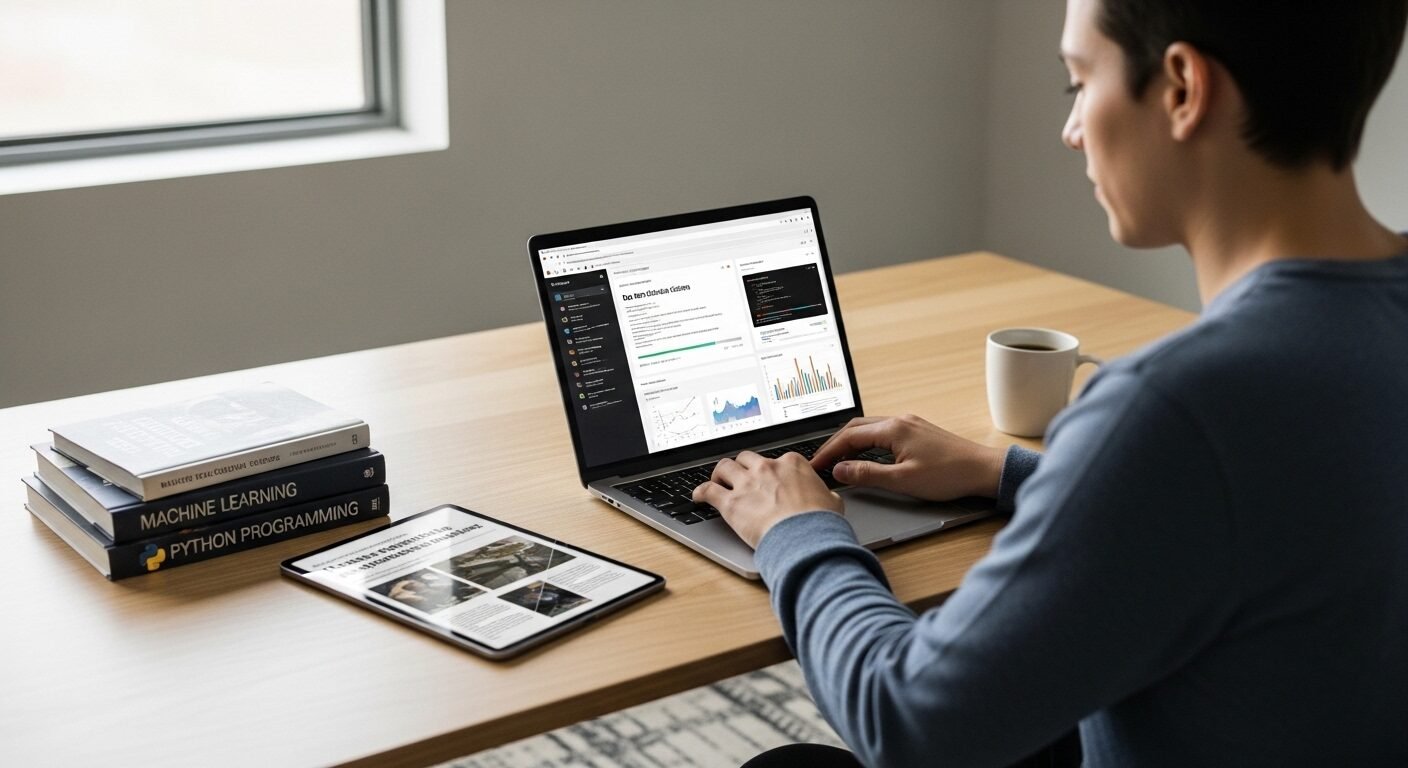 Người học chăm chú vào khóa khoa học dữ liệu trên laptop, phát triển kỹ năng ứng phó với các ngành nghề bị ảnh hưởng bởi AI. Bàn làm việc tối giản với sách và ánh sáng tự nhiên. Người học chăm chú vào khóa khoa học dữ liệu trên laptop, phát triển kỹ năng ứng phó với các ngành nghề bị ảnh hưởng bởi AI. Bàn làm việc tối giản với sách và ánh sáng tự nhiên.