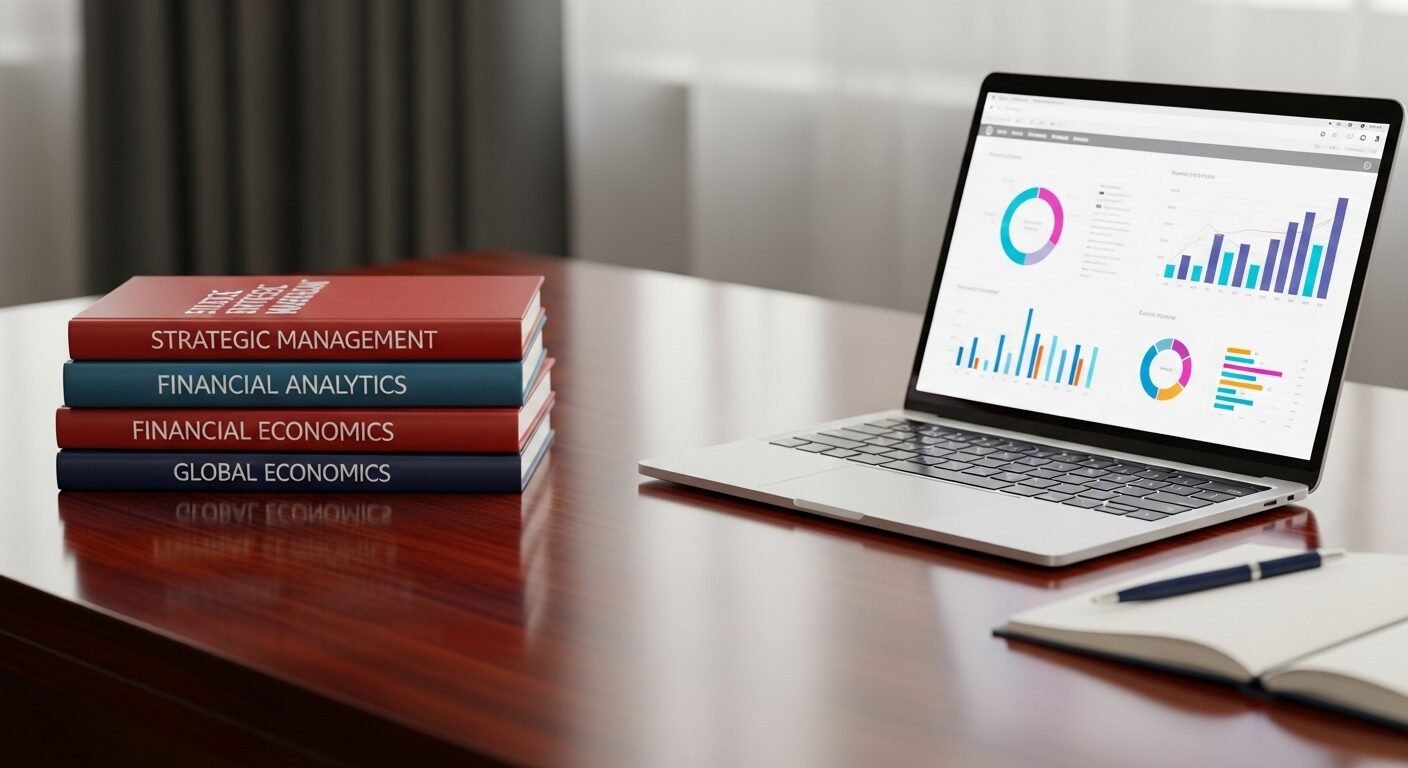 Bàn làm việc chuyên nghiệp với sách kinh doanh, laptop hiển thị biểu đồ dữ liệu và bút, thể hiện nền tảng kiến thức vững chắc cho một quản trị viên tập sự.