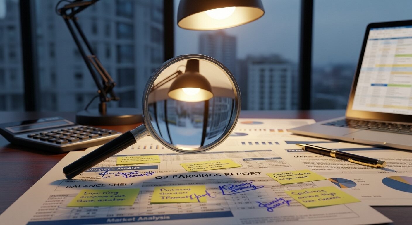 Kính lúp trên các báo cáo tài chính và tài liệu kinh doanh được đánh dấu, thể hiện kỹ năng phân tích chi tiết. Đây là yếu tố then chốt cho kỹ năng tìm việc làm thành công.