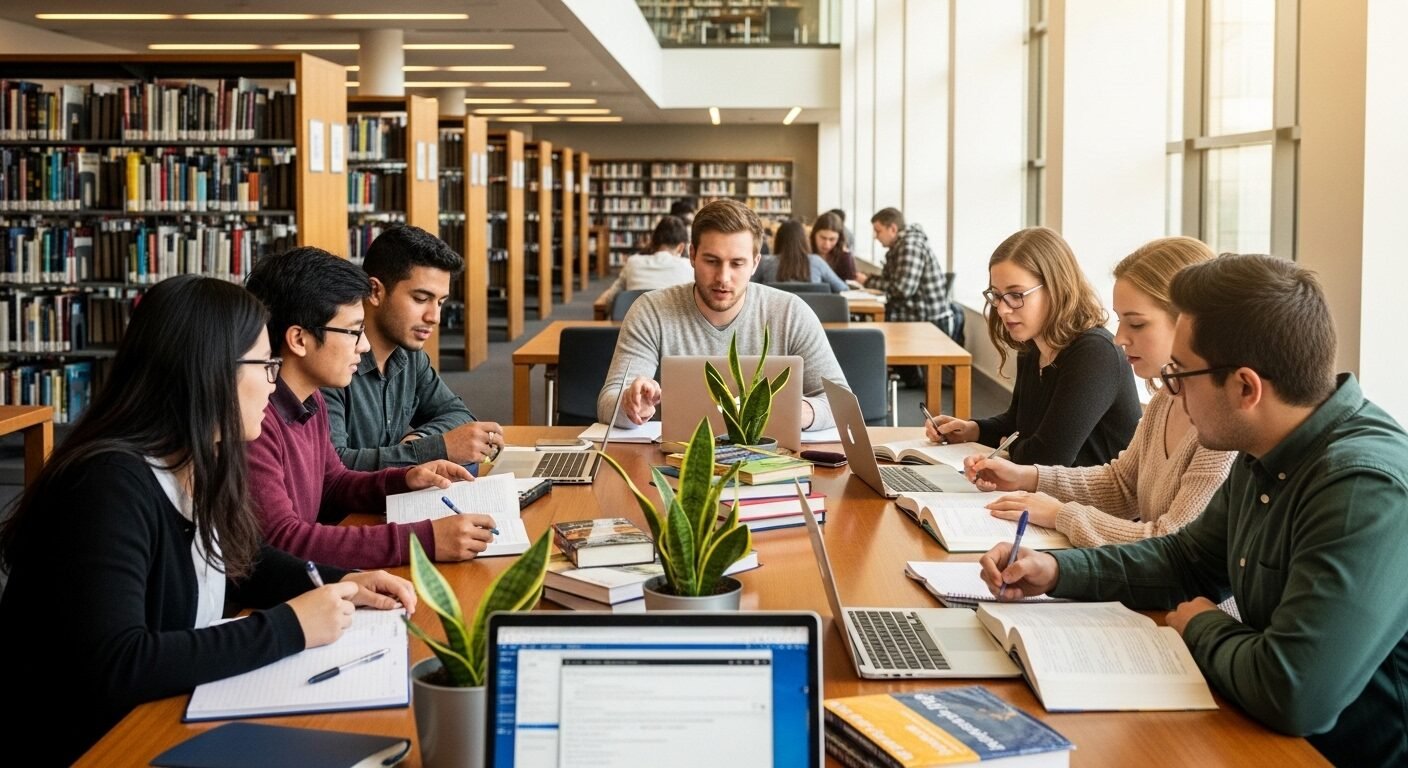 Thư viện đại học hiện đại với sinh viên học nhóm, không gian lý tưởng nuôi dưỡng tư duy phát triển qua sách, laptop và ánh sáng tự nhiên.