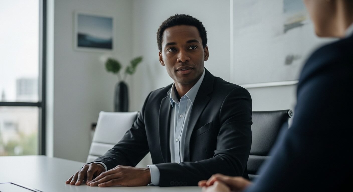 Ứng viên chuyên nghiệp tự tin với tư thế và ánh mắt chuyên nghiệp, thể hiện cách trả lời phỏng vấn tiếng Anh hiệu quả. Ứng viên chuyên nghiệp tự tin với tư thế và ánh mắt chuyên nghiệp, thể hiện cách trả lời phỏng vấn tiếng Anh hiệu quả.