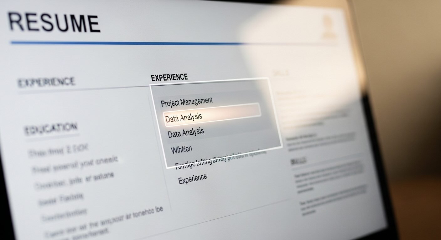 Màn hình máy tính hiển thị CV kỹ thuật số được phần mềm ATS quét, làm nổi bật các kỹ năng trong CV ứng viên.