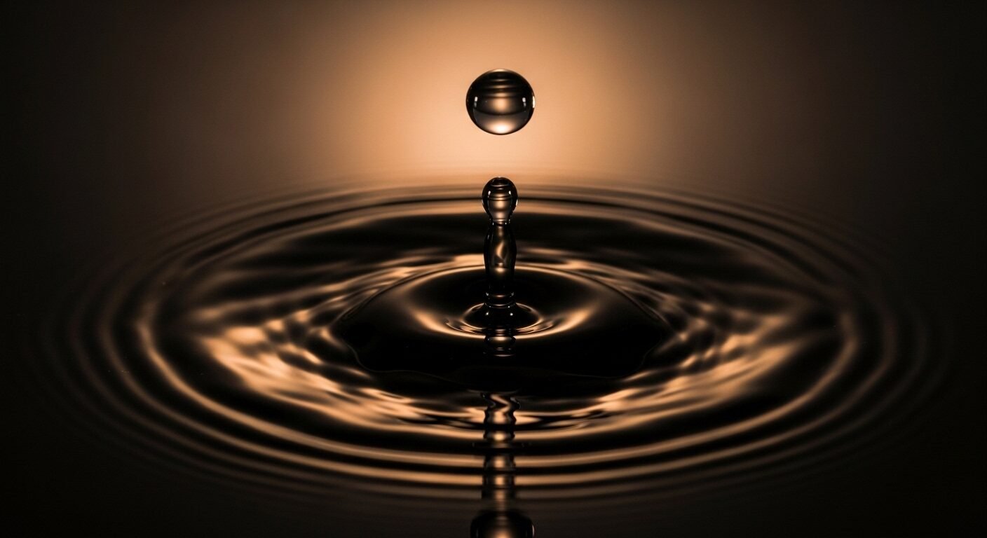 Giọt nước tạo gợn sóng lan tỏa trên mặt nước đen tĩnh lặng, phản chiếu ánh sáng ấm. Một khoảnh khắc đẹp như trong phim truyền cảm hứng.