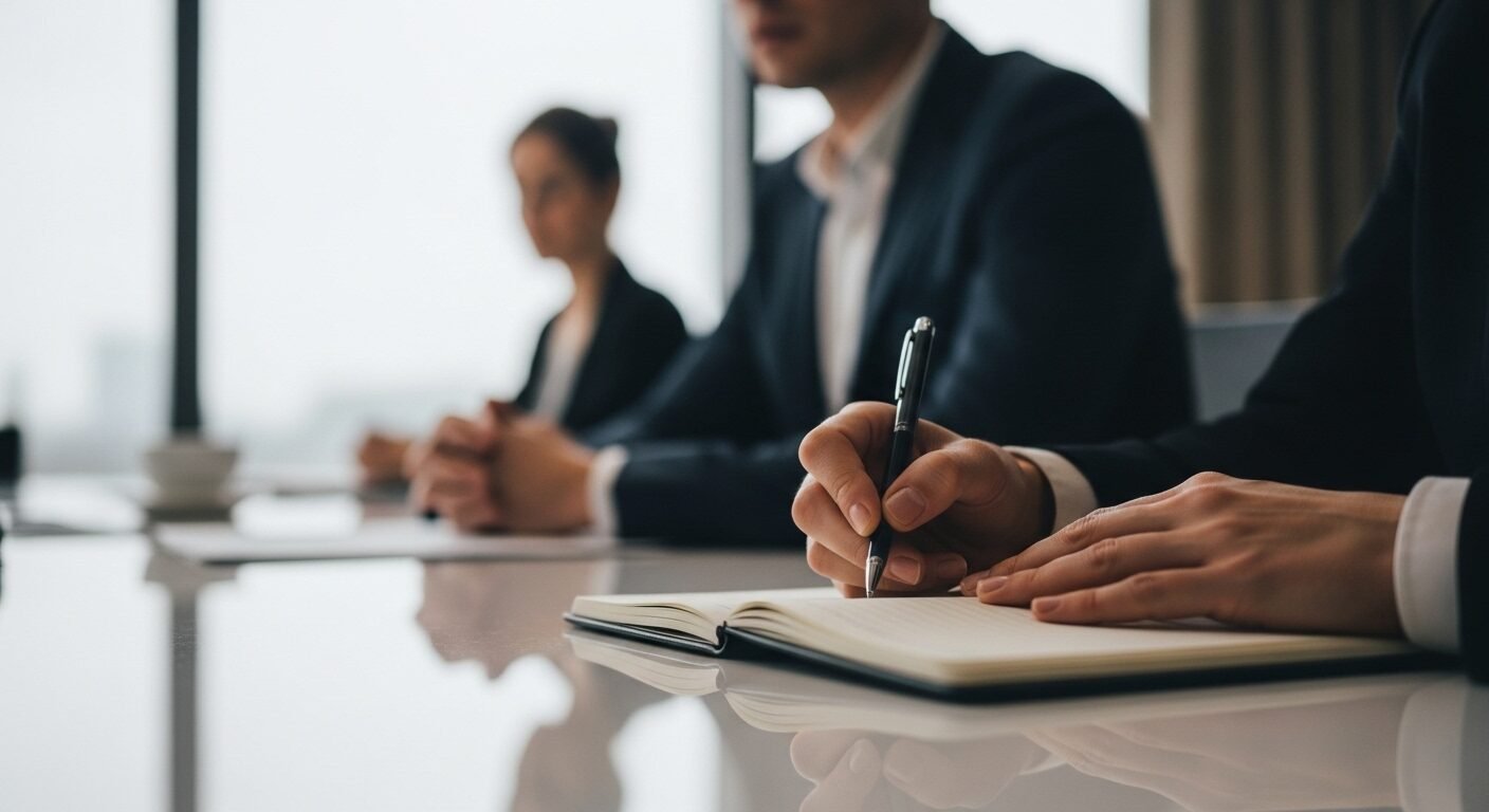 Cận cảnh ứng viên chuyên nghiệp ghi chú tỉ mỉ trong buổi phỏng vấn, minh chứng cho cách xử lý khi bí câu hỏi phỏng vấn qua sự chuẩn bị kỹ lưỡng.