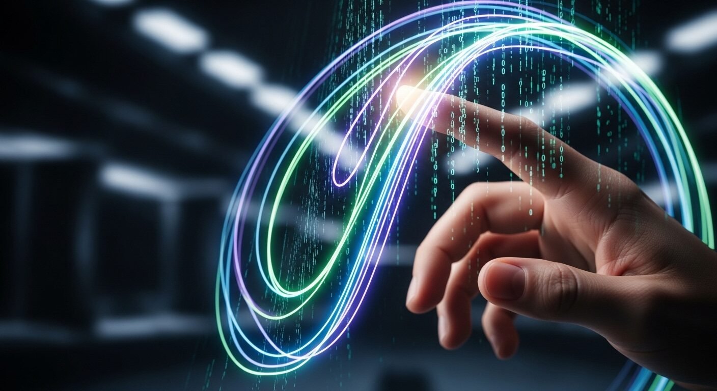 Cận cảnh bàn tay người chạm nhẹ vào dòng mã kỹ thuật số phát sáng trong bối cảnh tương lai, nơi trí tuệ nhân tạo thay thế con người đang là mối quan tâm lớn.