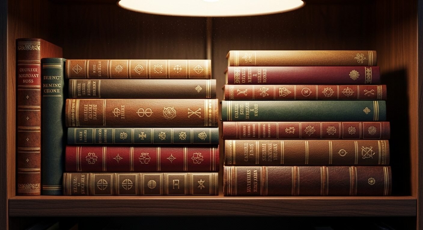 Sách da cổ điển xếp gọn trên kệ gỗ tối dưới ánh đèn ấm, các biểu tượng trên gáy sách gợi mở kiến thức sâu rộng và phát triển tư duy phản biện.