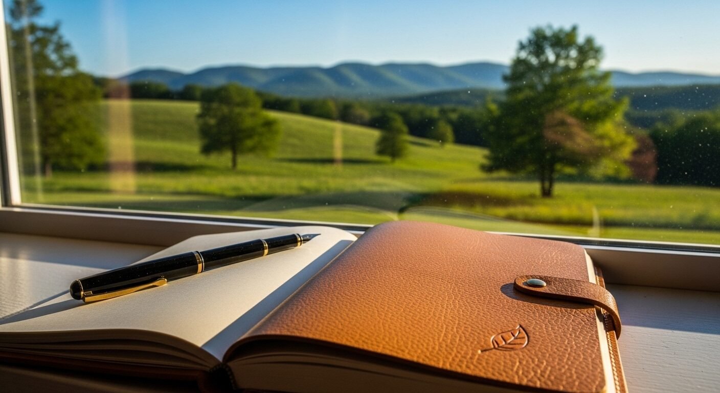 Sổ biết ơn mở trên bệ cửa sổ ngập nắng cùng cây bút, nhìn ra khung cảnh thiên nhiên thanh bình, là nơi lý tưởng để ghi lại những câu nói ý nghĩa về hạnh phúc và sự biết ơn.