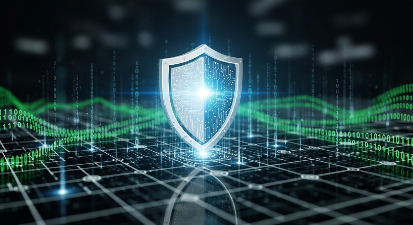 Khiên số kỹ thuật số sống động trên nền mạng lưới và mã nhị phân, biểu tượng an ninh mạng và bảo vệ dữ liệu tiên tiến với ánh sáng xanh. Tìm hiểu Năng lực số là gì để xây dựng hệ thống bảo mật vững chắc.