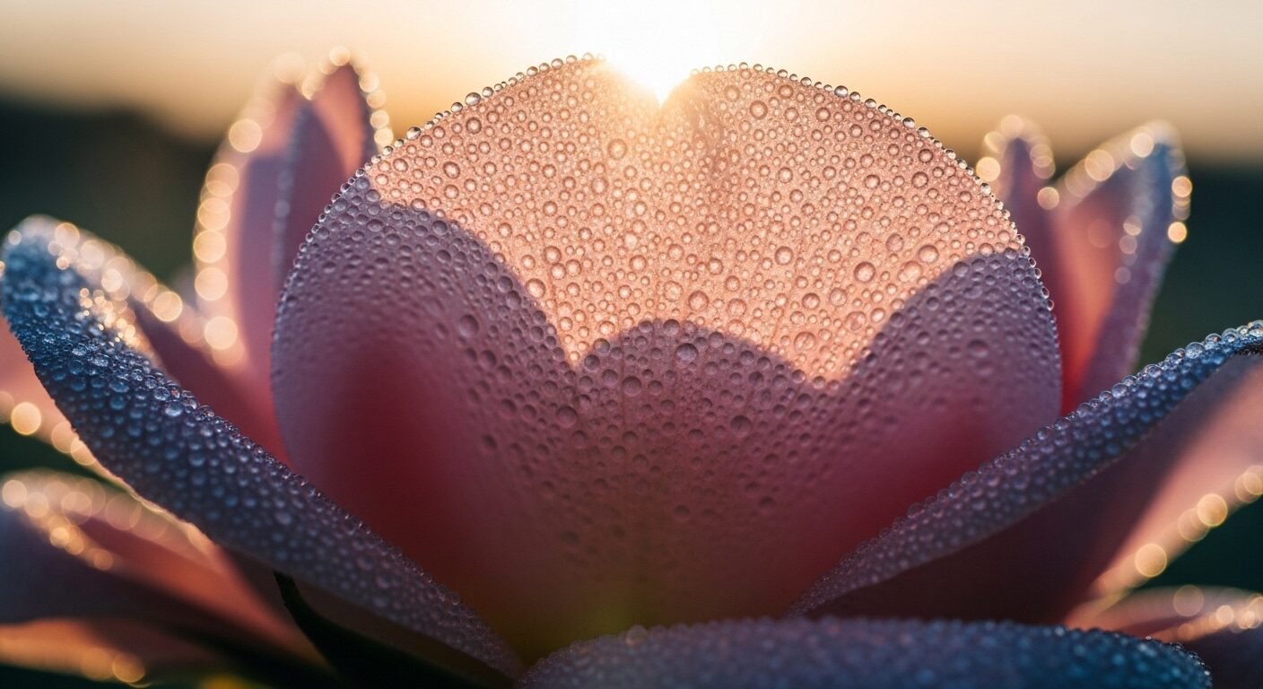 Ảnh macro cận cảnh cánh hoa tươi rực rỡ đọng giọt sương lấp lánh dưới nắng bình minh. Vẻ đẹp tinh khôi này là một câu nói tạo động lực tuyệt vời cho một ngày mới đầy hy vọng.