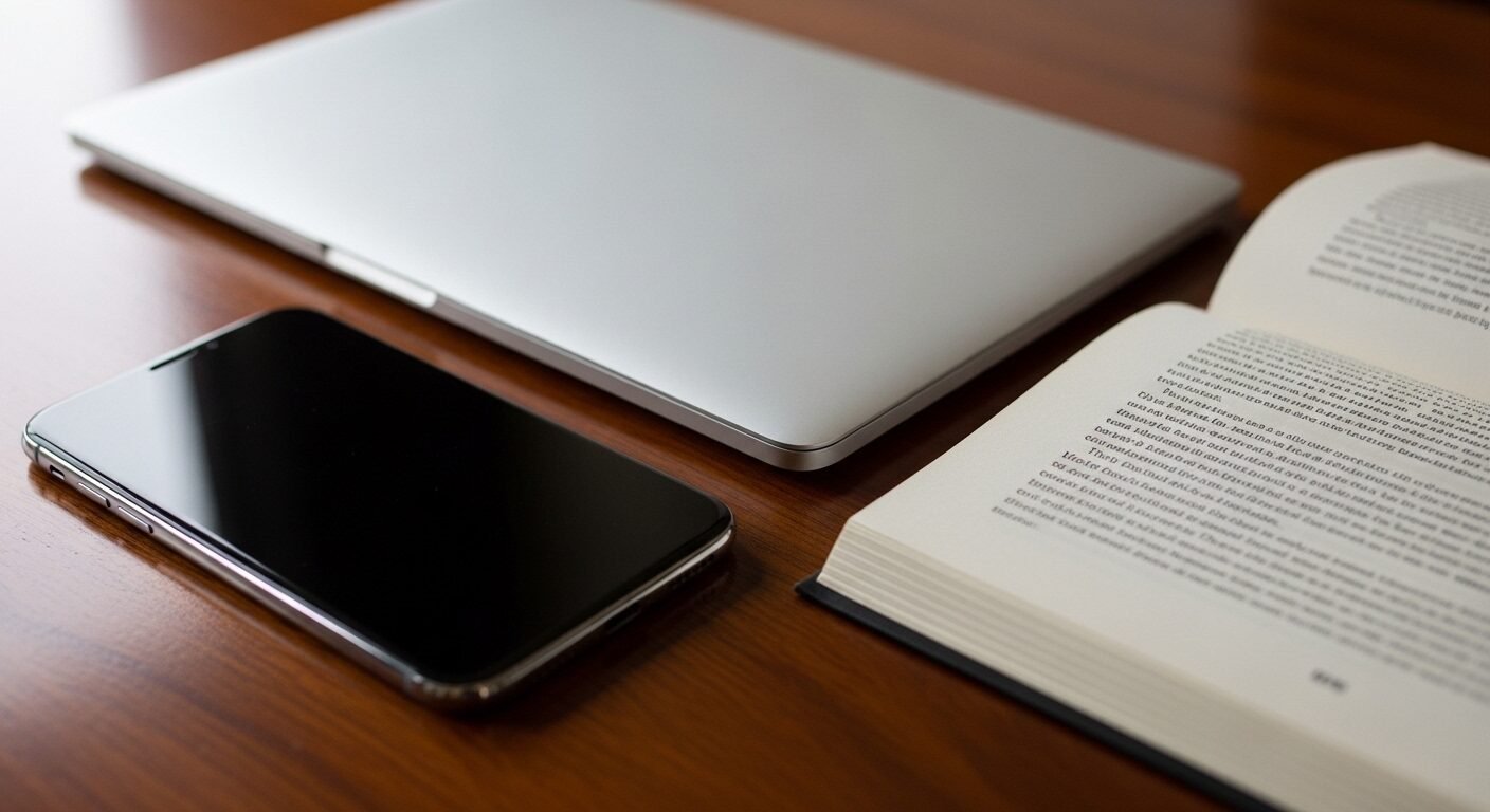 Điện thoại thông minh, laptop (đã đóng) và sách mở trên bàn gỗ tối màu, tượng trưng cho sự kết hợp giữa kỹ thuật số và truyền thống. Bức ảnh gợi mở về chủ đề Work-life balance là gì trong cuộc sống hiện đại.