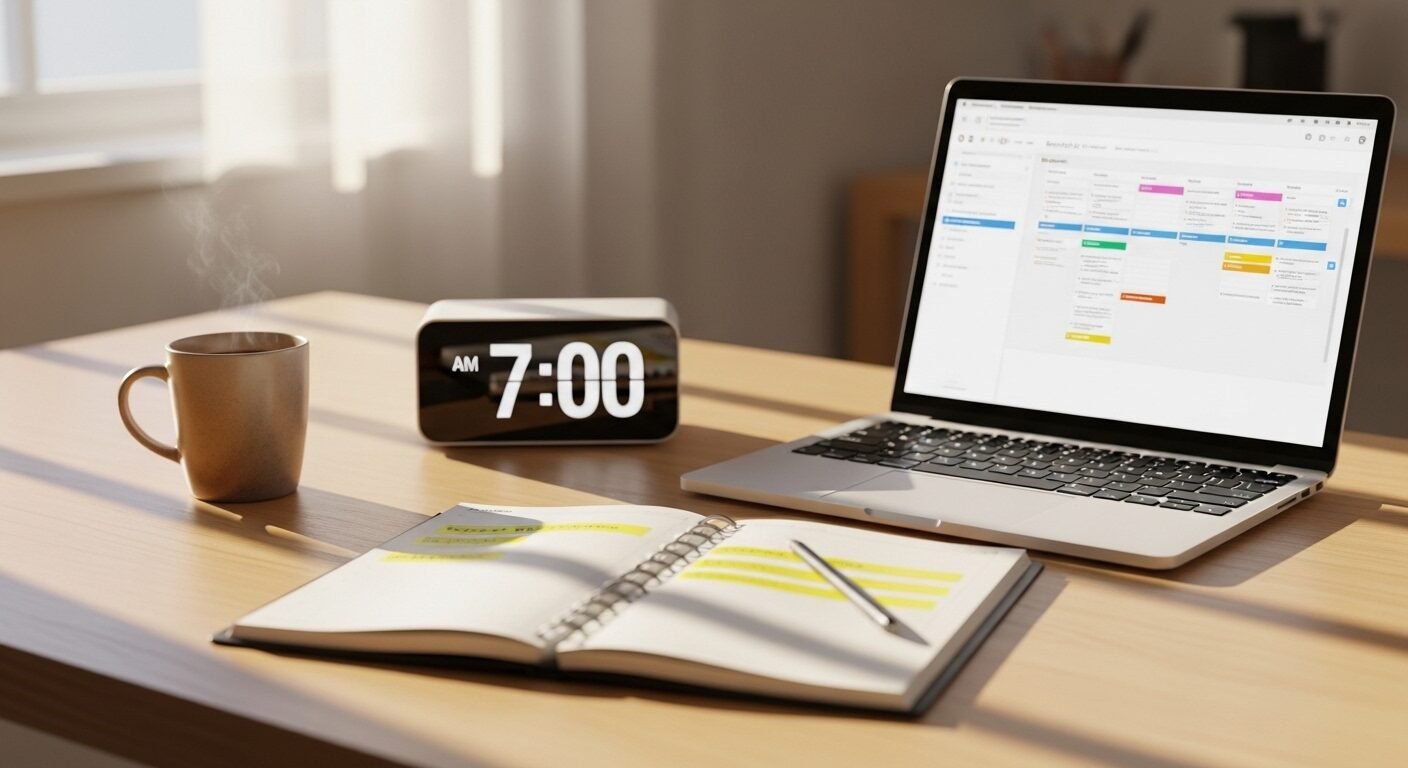 Góc làm việc ngăn nắp với sổ kế hoạch, laptop hiển thị tiến độ dự án, và cốc đồ uống ấm dưới nắng ban mai. Bức ảnh phản ánh các kỹ năng mềm quan trọng như quản lý thời gian và sắp xếp công việc hiệu quả. Góc làm việc ngăn nắp với sổ kế hoạch, laptop hiển thị tiến độ dự án, và cốc đồ uống ấm dưới nắng ban mai. Bức ảnh phản ánh các kỹ năng mềm quan trọng như quản lý thời gian và sắp xếp công việc hiệu quả.