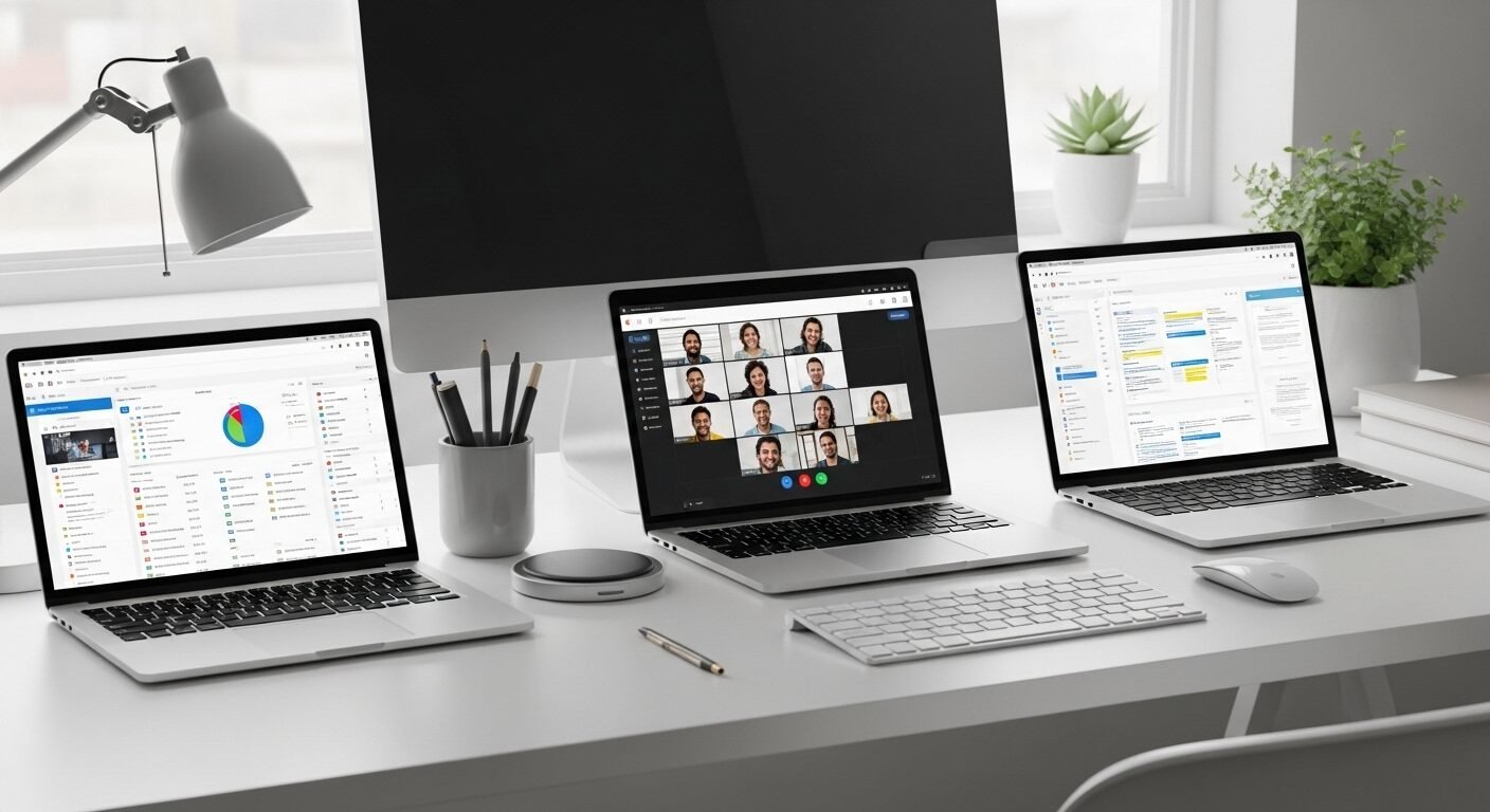 Bàn làm việc hiện đại với nhiều laptop hiển thị công cụ cộng tác kỹ thuật số (quản lý dự án, họp trực tuyến), minh họa kỹ năng làm việc nhóm hiệu quả.