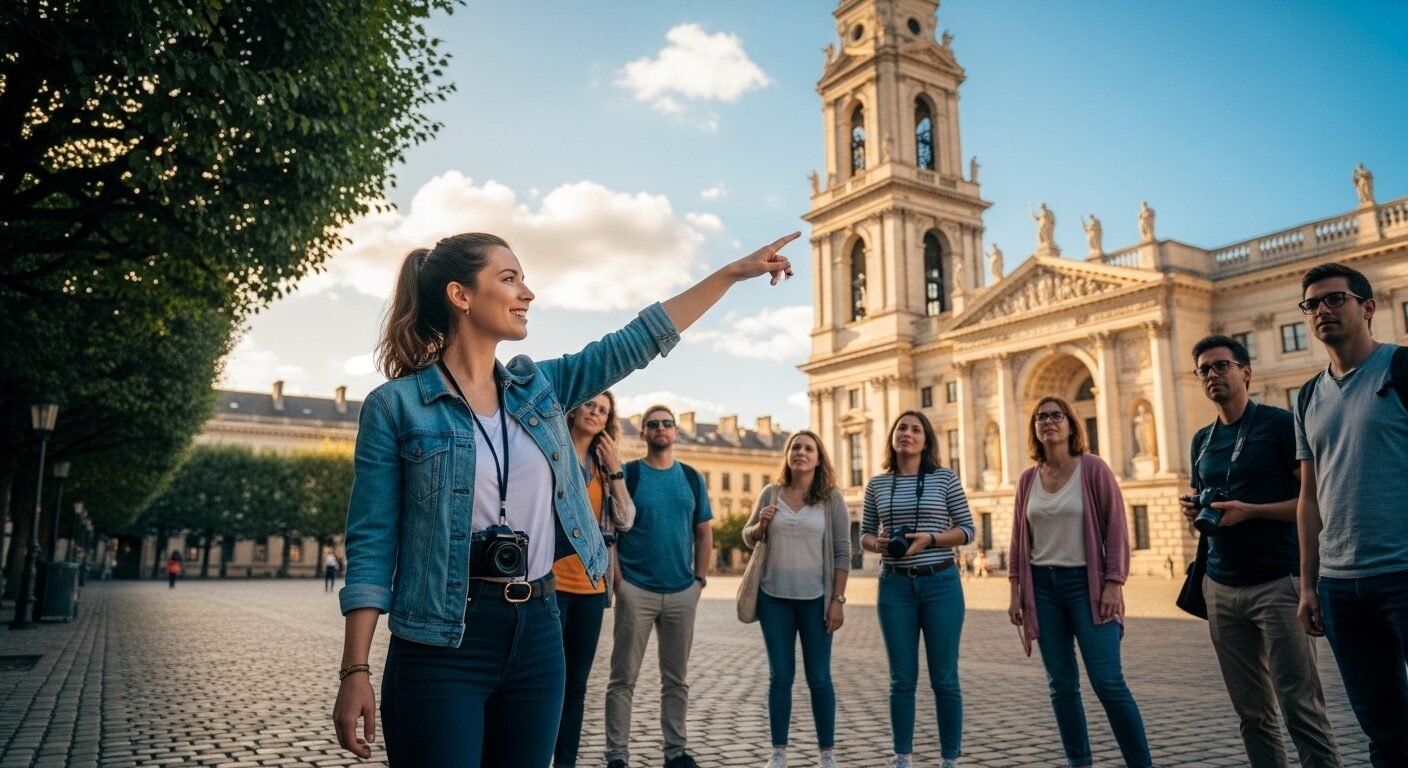 Nữ sinh viên tươi cười làm hướng dẫn viên du lịch nói tiếng Anh, chỉ tay vào địa danh lịch sử cho khách quốc tế, thể hiện một việc làm part time cho sinh viên sử dụng tiếng Anh năng động ngoài trời.