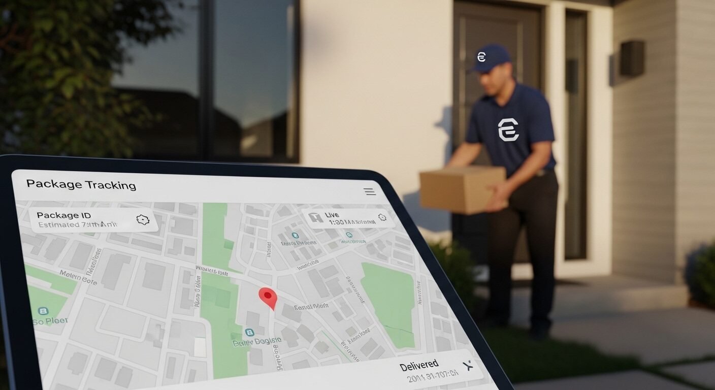 Máy tính bảng hiển thị theo dõi gói hàng thời gian thực trên bản đồ, cùng nhân viên giao hàng tận nơi. Minh họa dịch vụ vận chuyển chuyên nghiệp của công ty logistics tại Việt Nam.