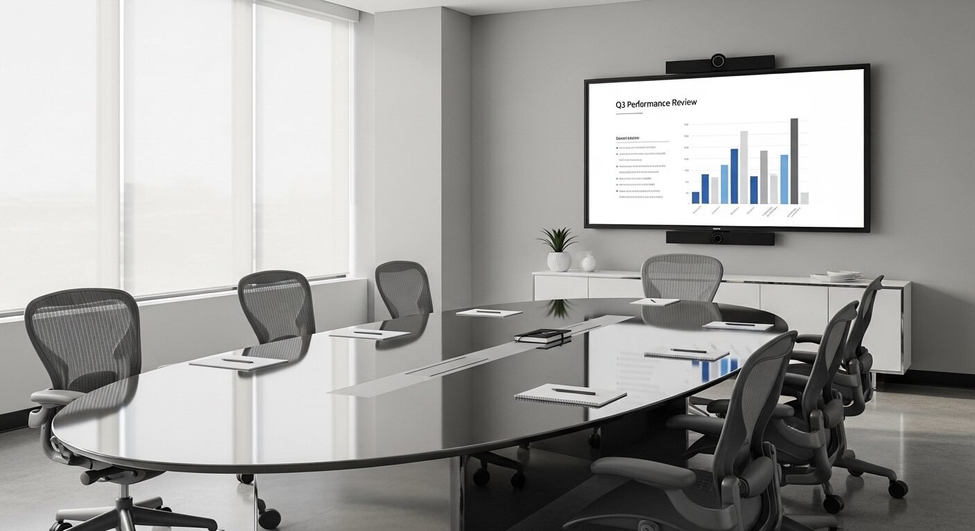 Phòng đào tạo hiện đại, tràn ngập ánh sáng tự nhiên với bàn bầu dục bóng loáng, ghế công thái học và màn hình thuyết trình chuyên nghiệp. Không gian lý tưởng minh chứng cho ngân hàng có môi trường làm việc tốt nhất.