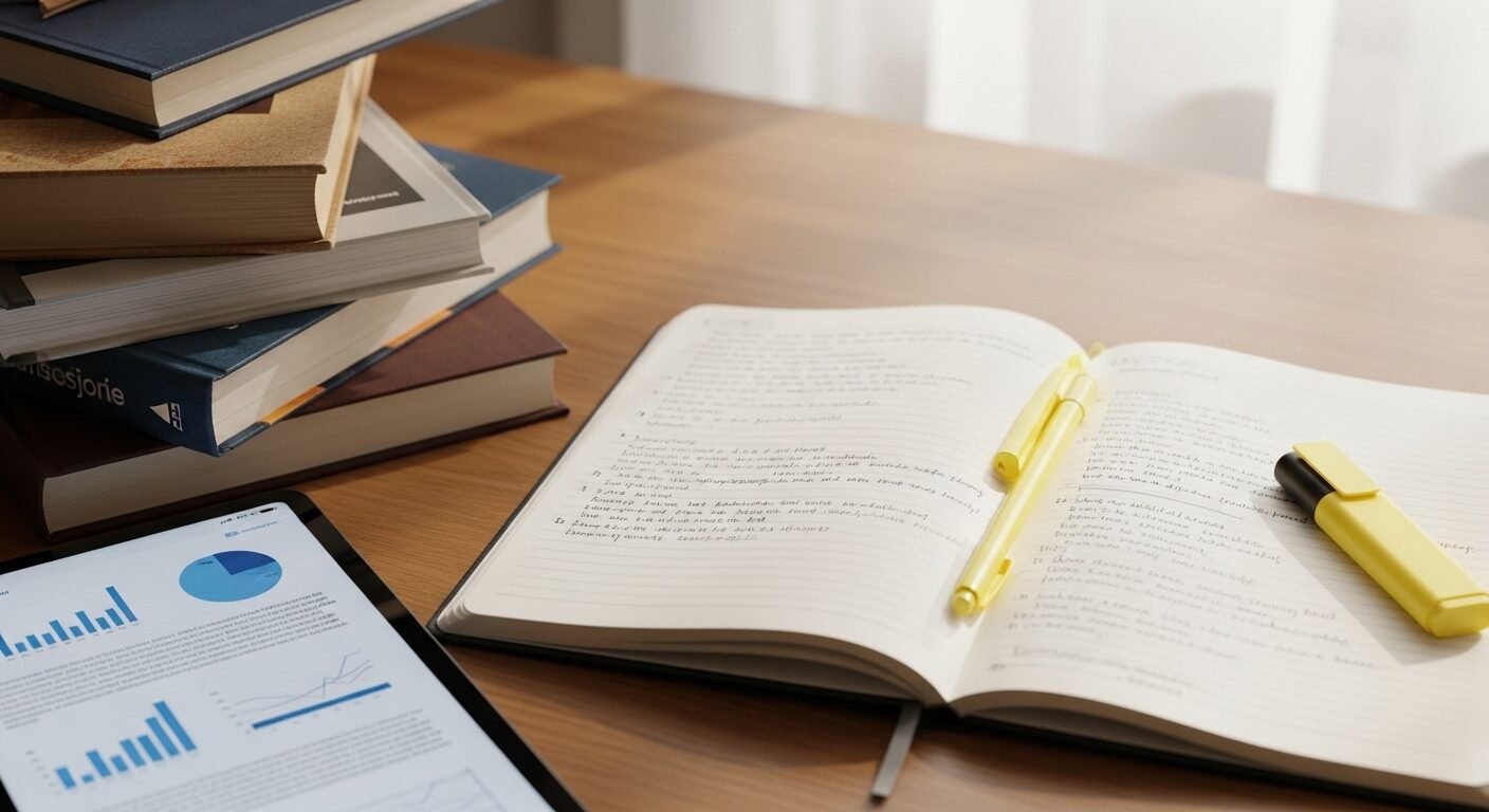 Bàn làm việc gọn gàng dưới ánh sáng tự nhiên, với sổ ghi chép, bút highlight, chồng sách và máy tính bảng hiển thị bài báo học thuật – công cụ thiết yếu của một Cộng tác viên báo chí.