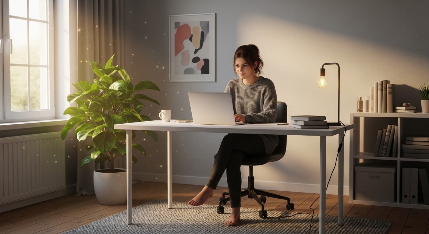 Sinh viên tập trung làm việc trên laptop tại bàn làm việc gọn gàng tại nhà. Một không gian lý tưởng cho Công việc làm thêm tại nhà không mất phí cho sinh viên.