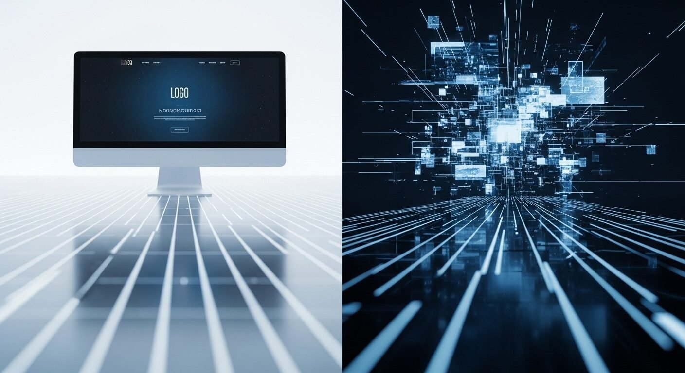 một bên là lối đi kỹ thuật số rõ ràng đến website chuyên nghiệp, bên còn lại là các đường nét số lộn xộn, màn hình rời rạc. Diễn tả sự khác biệt giữa thông tin đáng tin cậy và rủi ro, là yếu tố quan trọng trong cách phòng tránh lừa đảo tuyển dụng.