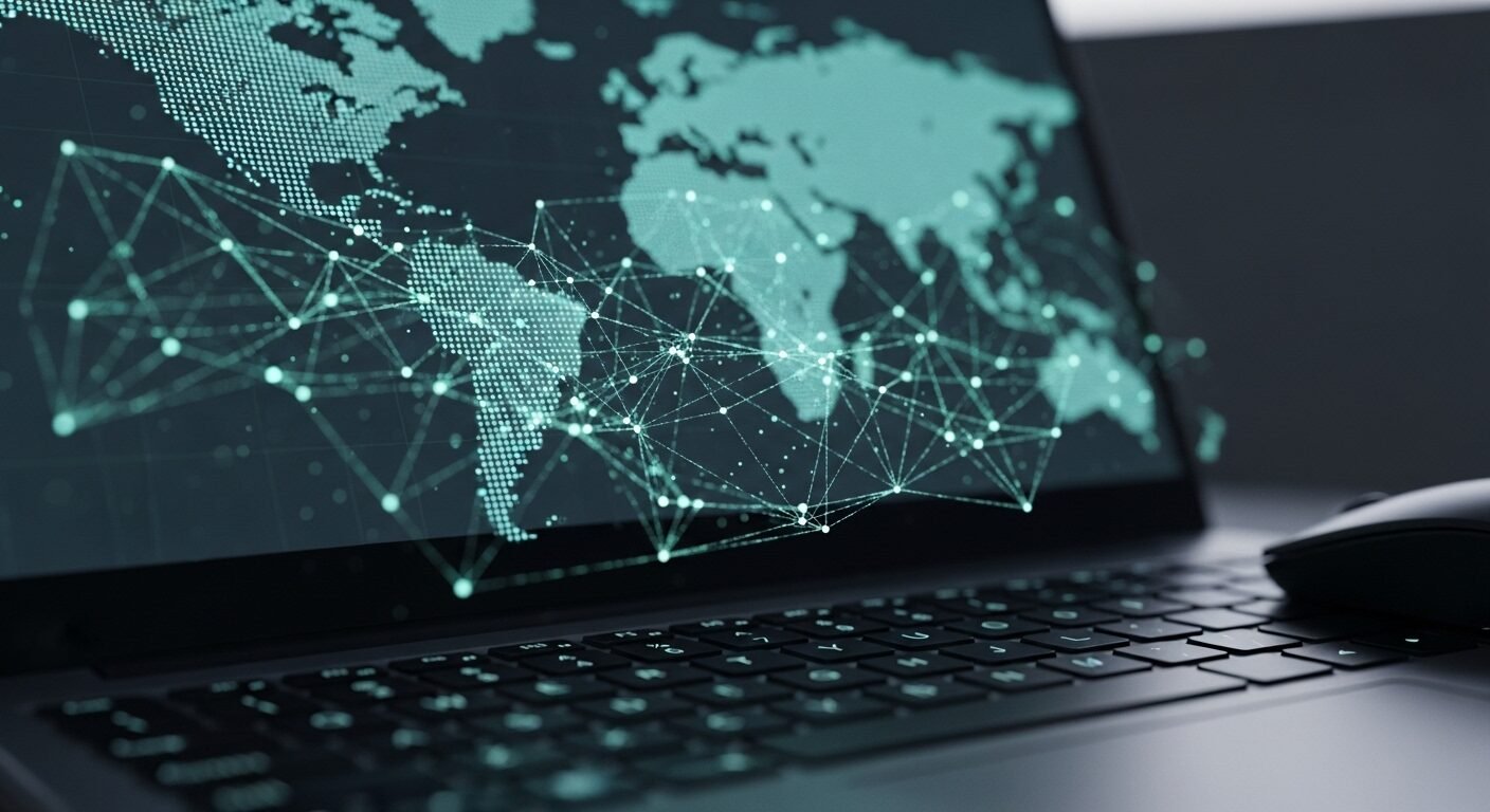 Màn hình laptop hiển thị mạng lưới kỹ thuật số kết nối bản đồ thế giới, kèm bàn phím và chuột. Minh họa làm việc từ xa, cộng tác toàn cầu, giải thích Freelancer là gì. Màn hình laptop hiển thị mạng lưới kỹ thuật số kết nối bản đồ thế giới, kèm bàn phím và chuột. Minh họa làm việc từ xa, cộng tác toàn cầu, giải thích Freelancer là gì.