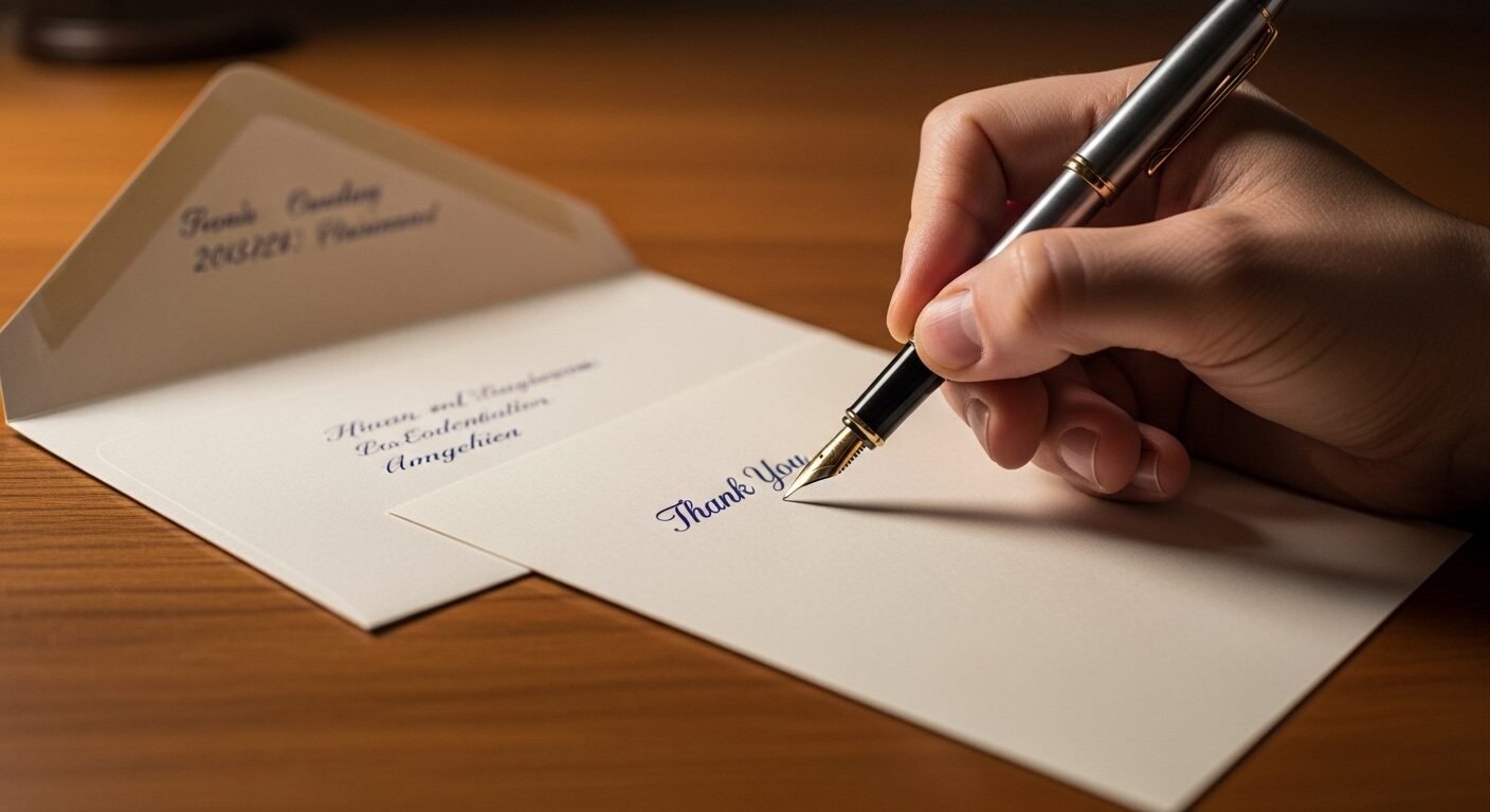 Bàn tay viết thư cảm ơn chuyên nghiệp trên giấy đẹp, một bí quyết bổ sung cho cách trả lời phỏng vấn khi chưa có kinh nghiệm hiệu quả. Bàn tay viết thư cảm ơn chuyên nghiệp trên giấy đẹp, một bí quyết bổ sung cho cách trả lời phỏng vấn khi chưa có kinh nghiệm hiệu quả.