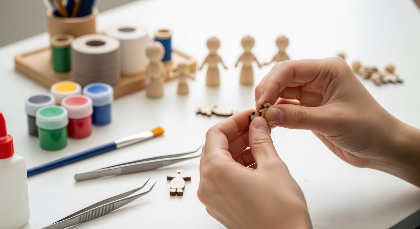 Cận cảnh bàn tay khéo léo của người trẻ đang tỉ mỉ lắp ráp đồ gỗ thủ công trên bàn làm việc, minh họa kỹ năng và sự tập trung cần thiết khi xây dựng hồ sơ xin việc dưới 18 tuổi.