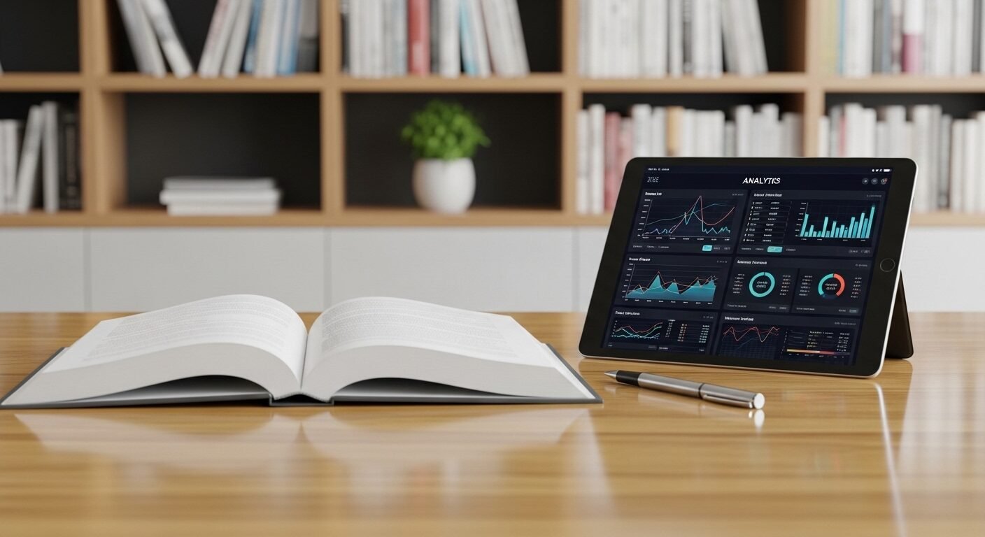 Sách giáo khoa mở và máy tính bảng hiển thị dashboard phân tích dữ liệu trên bàn gỗ, minh họa việc học tập và trang bị kỹ năng Marketing để đạt Mức lương nhân viên Marketing mới ra trường hấp dẫn.